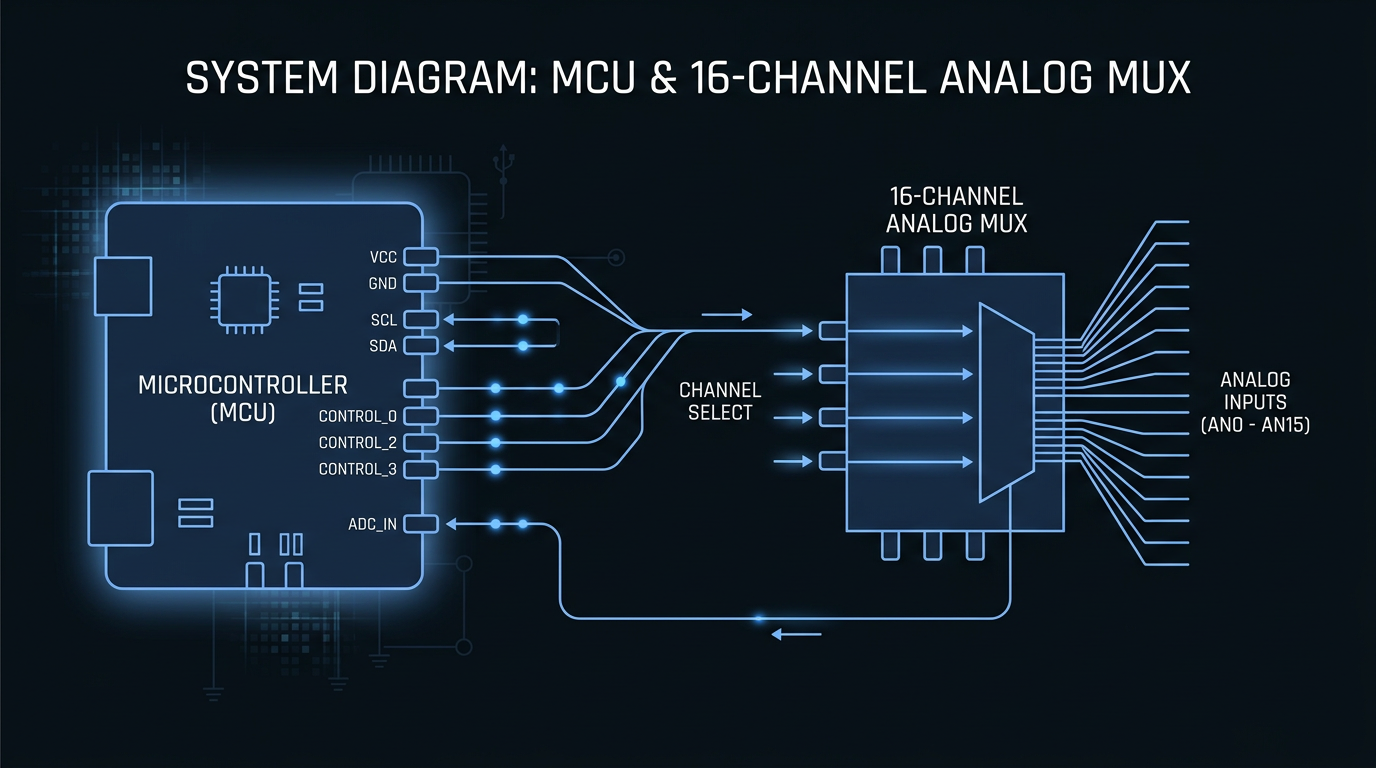 Illustration schématique : microcontrôleur et multiplexeur analogique