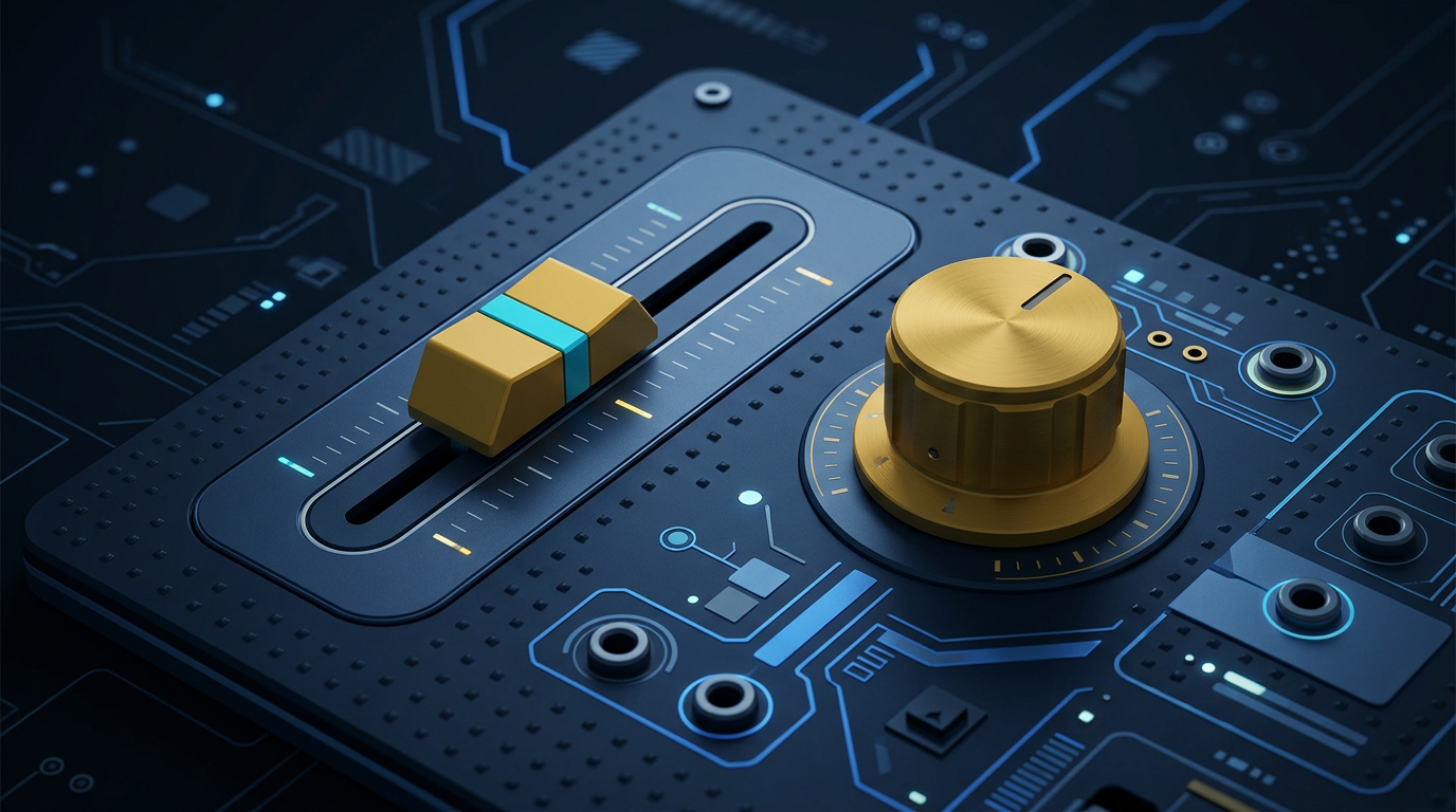 Illustration : modules faders et potentiomètres sur plaque à grille